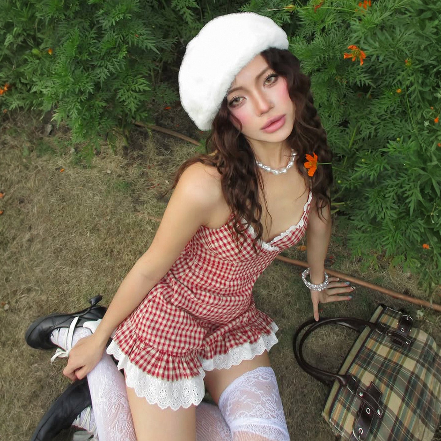 French-style Girly Lace-trimmed Patchwork Plaid Suspender Dress