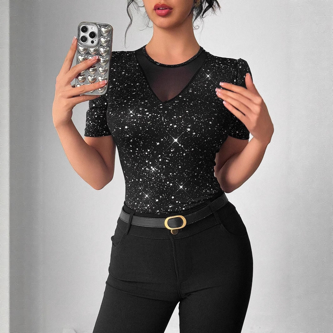 Crew-neck Mesh-panel Short-sleeve T-shirt Top
