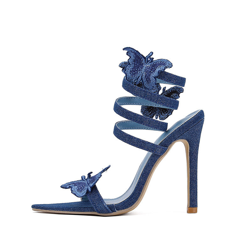 Women's Summer Pointed Toe Open Toe Bow Snake-shaped Roll French Style Women's High Heels