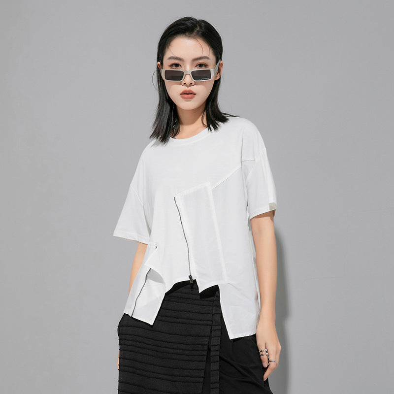 Street Stitching Half Sleeve Irregular Solid Color Short Sleeve T-shirt