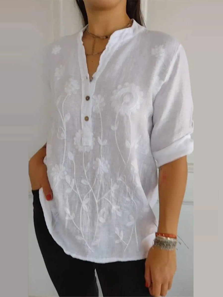 Women's Lace Embroidered Button V-Neck Shirt