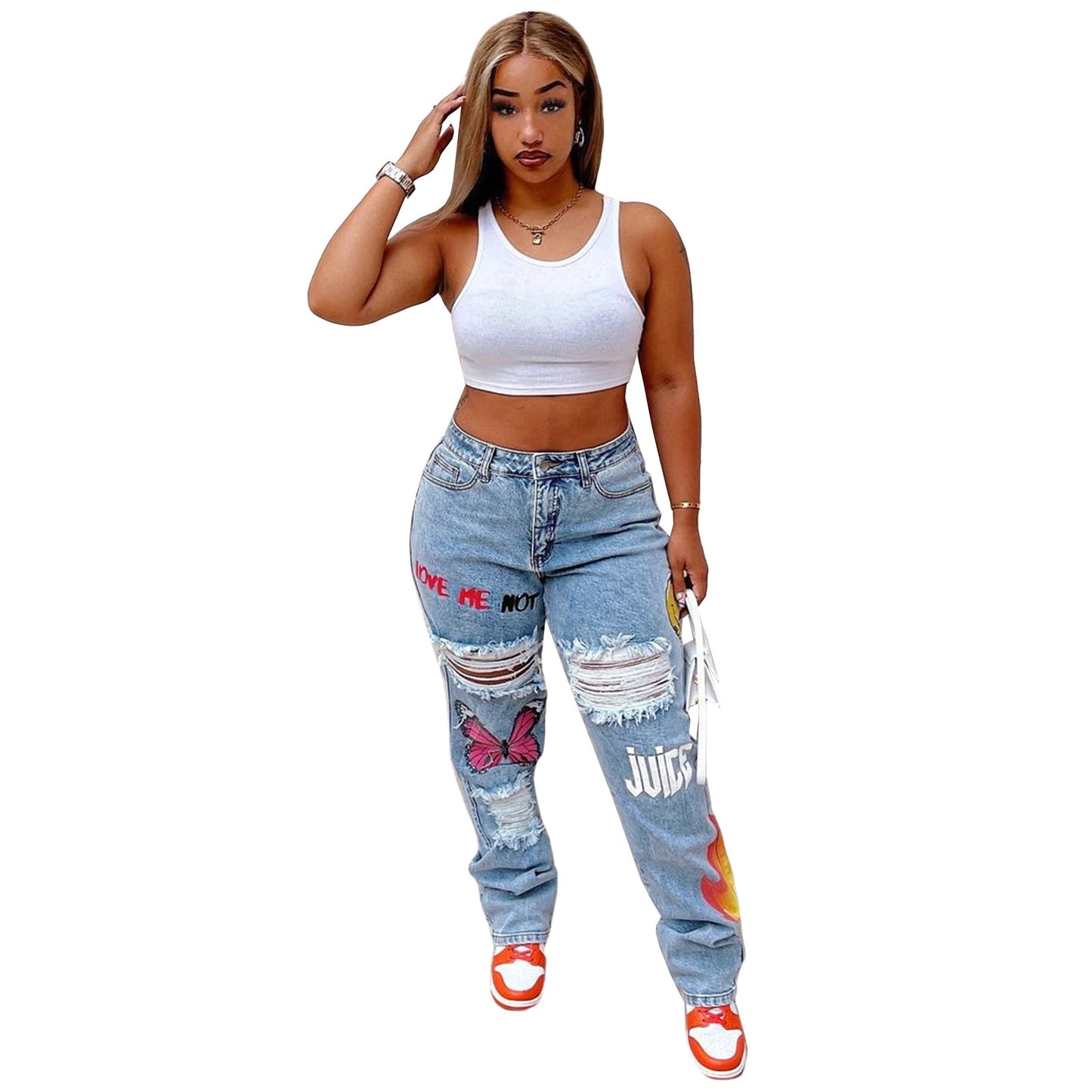 Kvinder digitalt placeret print ripped fashion jeans