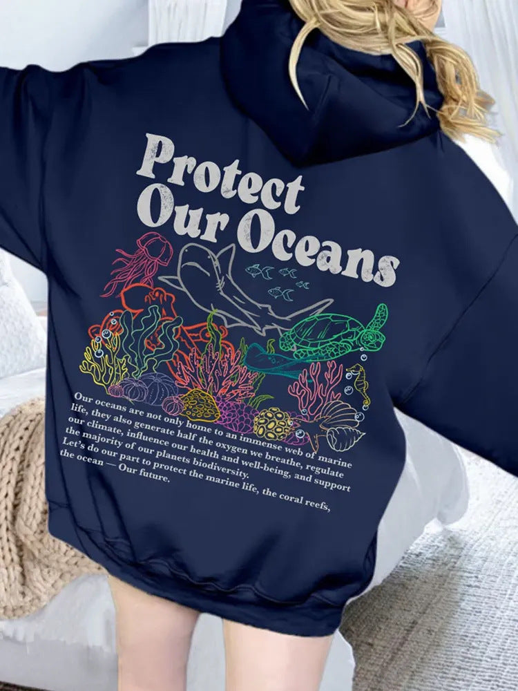 Sweater til kvinder, løs pasform, Protect Our Oceans hættetrøje