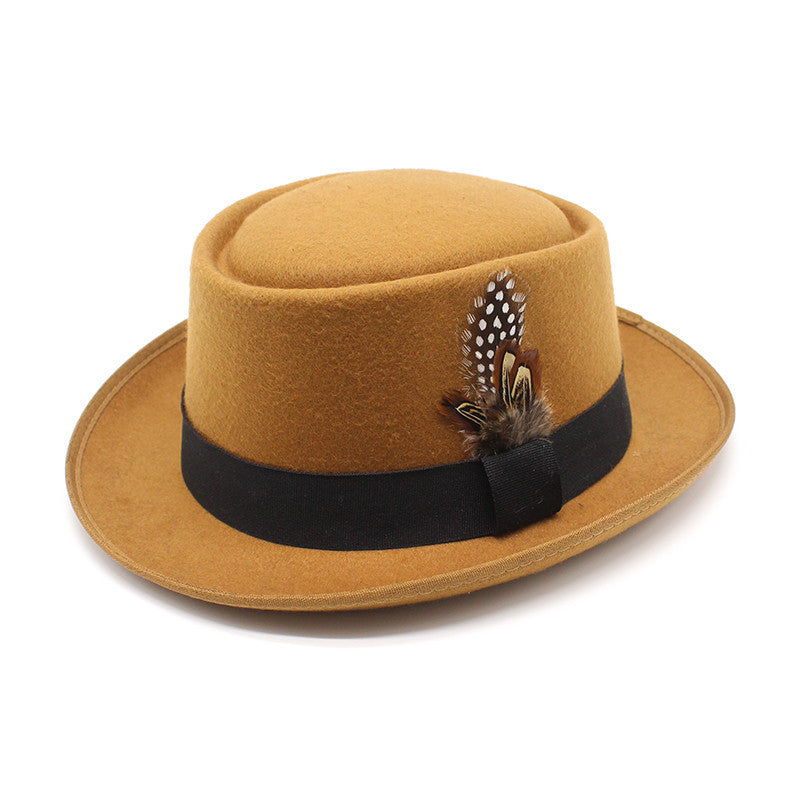 Versatile Jazz Hat Flat Top Woolen Feather French