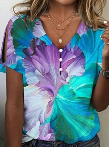 Women's Printed Comfort And Casual V-neck Buttons Short Sleeve