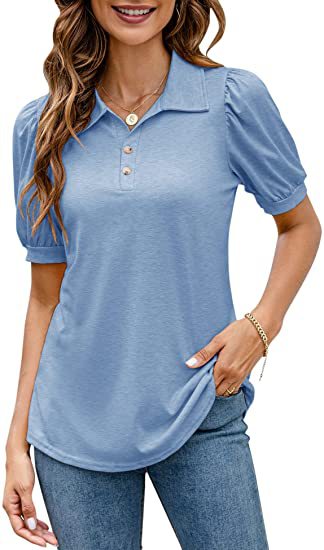 Polo T-shirt med knaplukning i halsen, pufærmer, løstsiddende T-shirt-skjorte