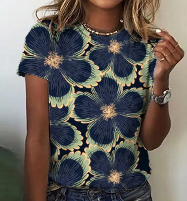 Loose Plus Size Sweet Floral 3d Printed Round Neck Short-sleeved Summer Clothes Women's T-shirt