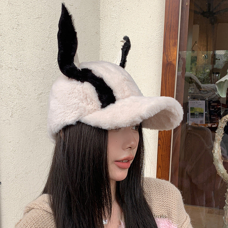 Cute Fallwinter Baseball Cap Doberman Pinscher Plush Dog Ear Hat