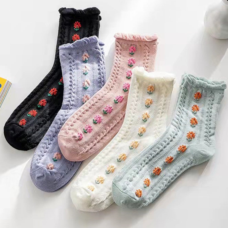 Women's Socks Autumn And Winter Jk Tube Socks Wooden Ear Japanese Cute Flowers Sweet Girl Lolita Purified Cotton Stockings