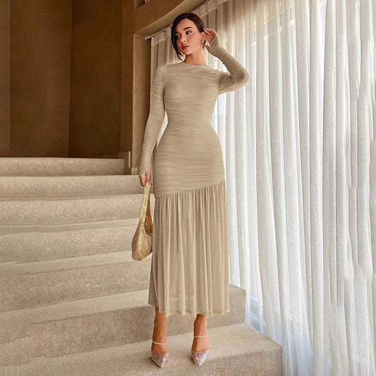 Elegant Lace Ruffle Crew-Neck Solid Color Dress