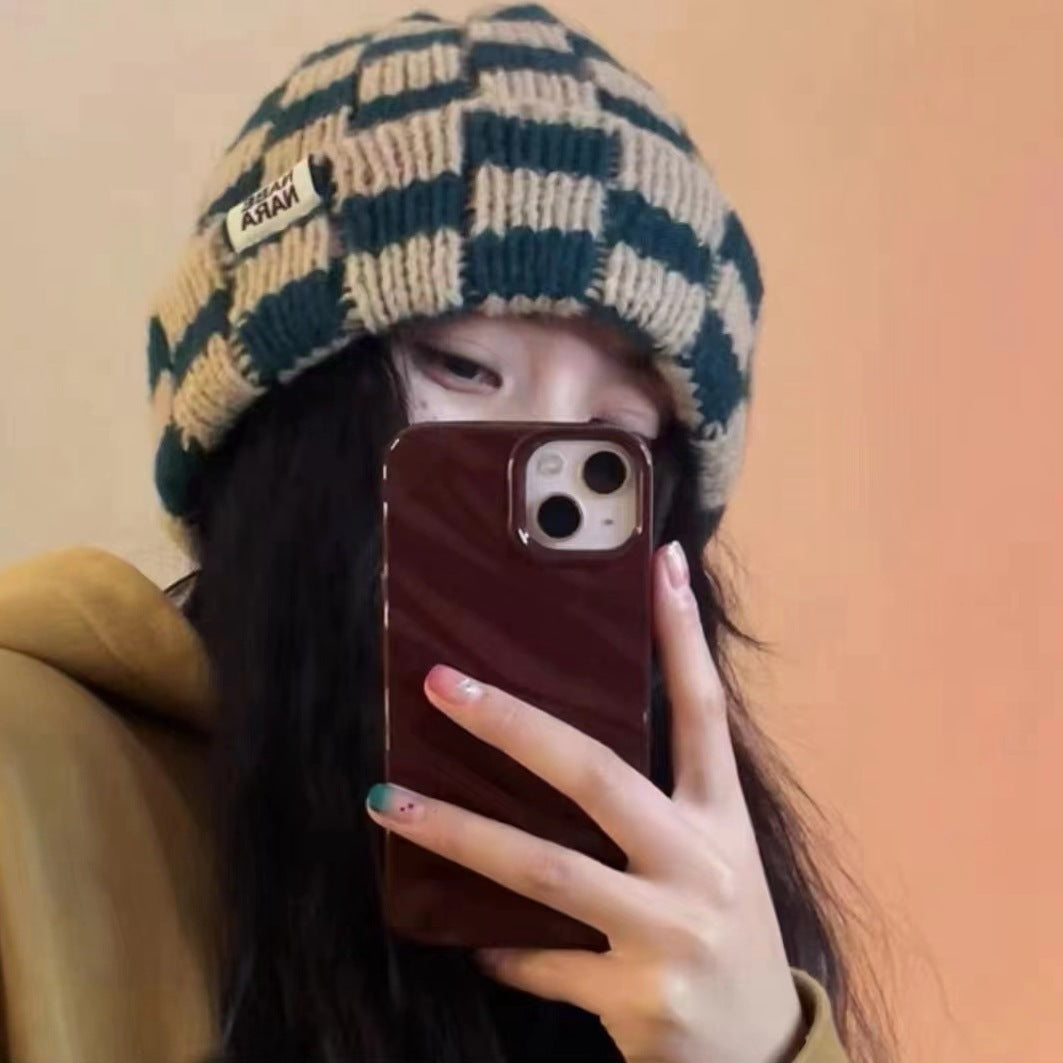 Chessboard Plaid Knitted Hat Women's Autumn And Winter Korean Style