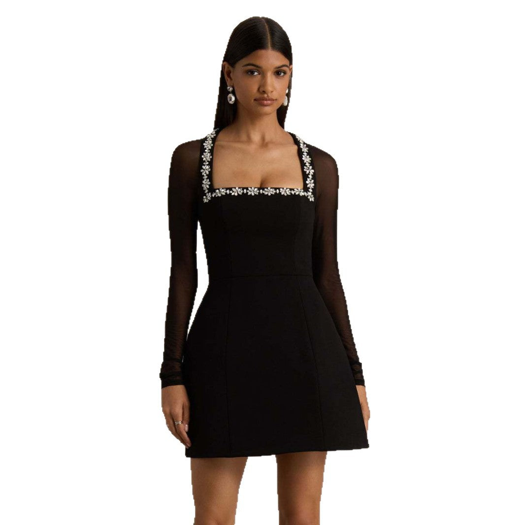 Womens Sexy Mesh Patchwork Rhinestone Dress