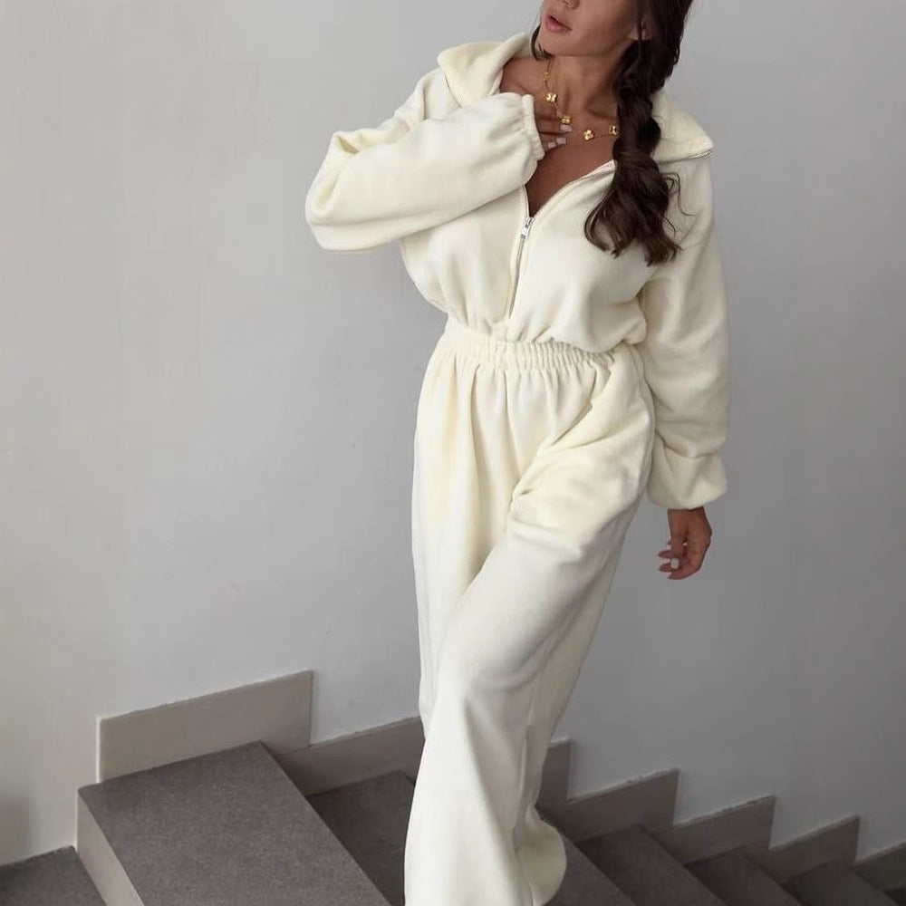 Long Sleeve Jumpsuit Women's Casual Half Cardigan Elastic Waist Suit