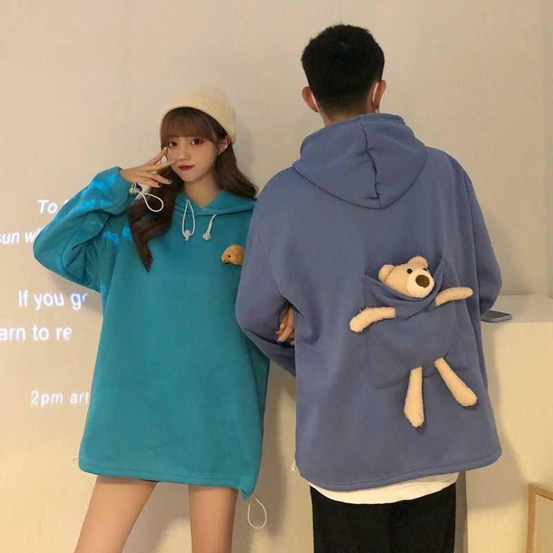 Fleece-lined Thick Loose Mid-length Bear Long-sleeved Sweater