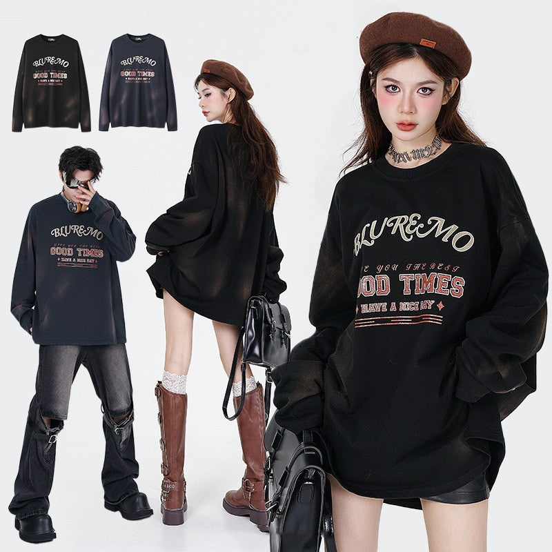 Mørk Vasket Guldtryk Rundhals Pullover Sweatshirt