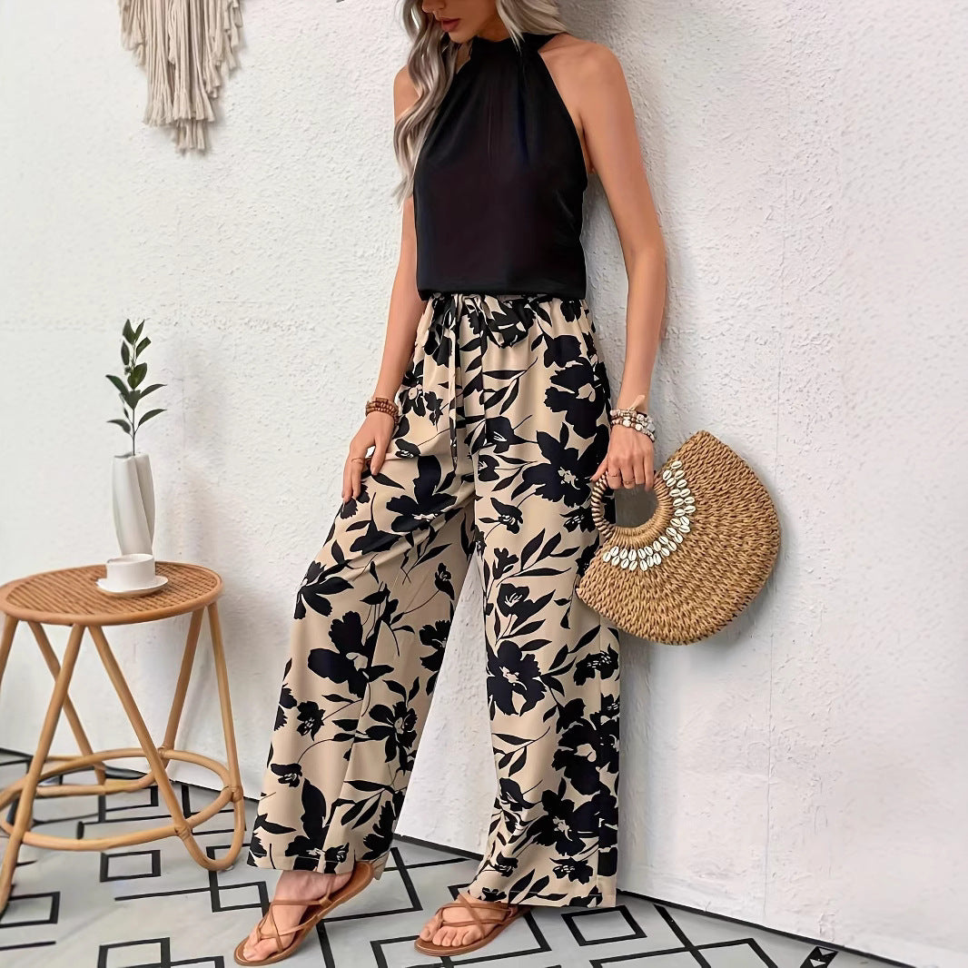 Comfortable Printed Pants Elastic Waist Wide-Leg Pants Womens Casual Trousers