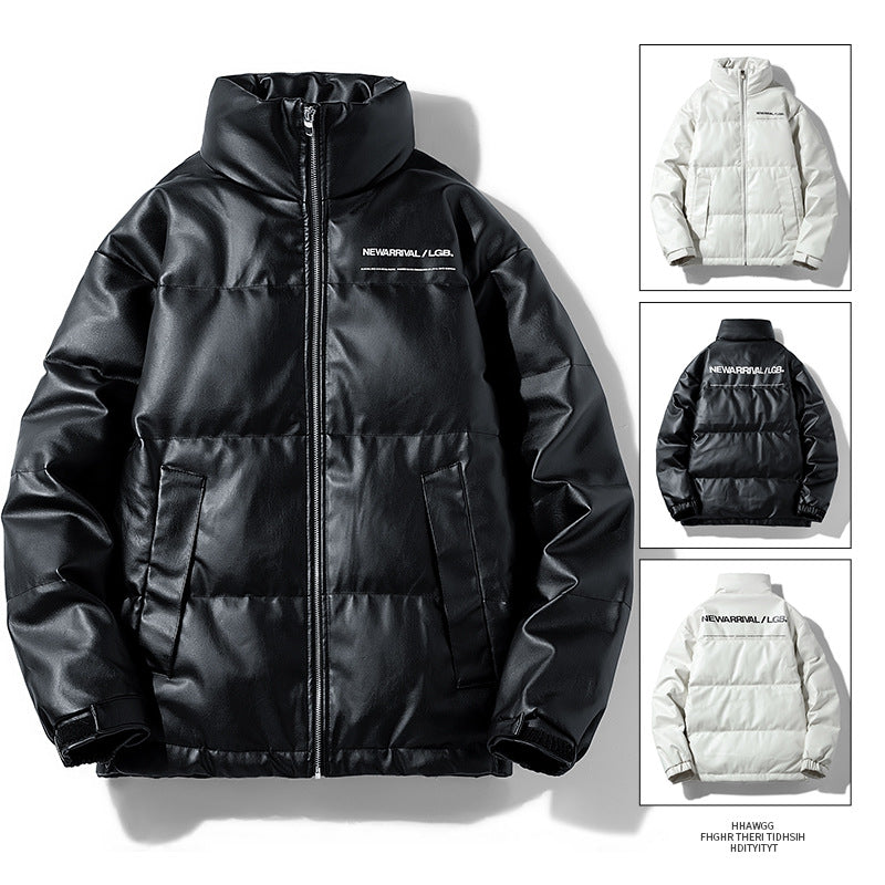 Men's Casual Down Jacket Vintage Stand Collar PU Leather Jacket