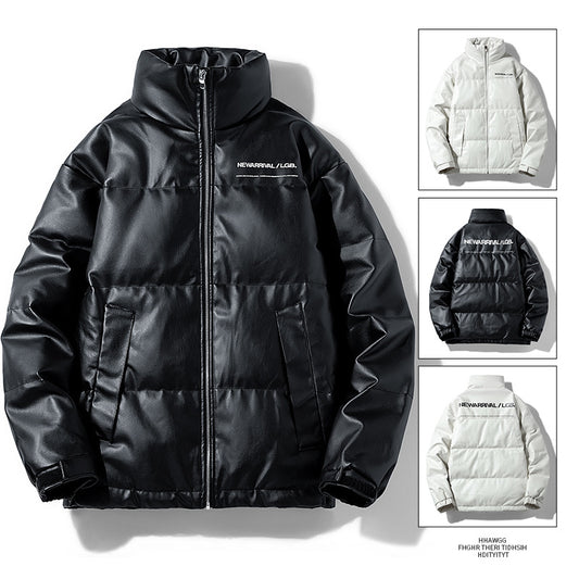 Men's Casual Down Jacket Vintage Stand Collar PU Leather Jacket