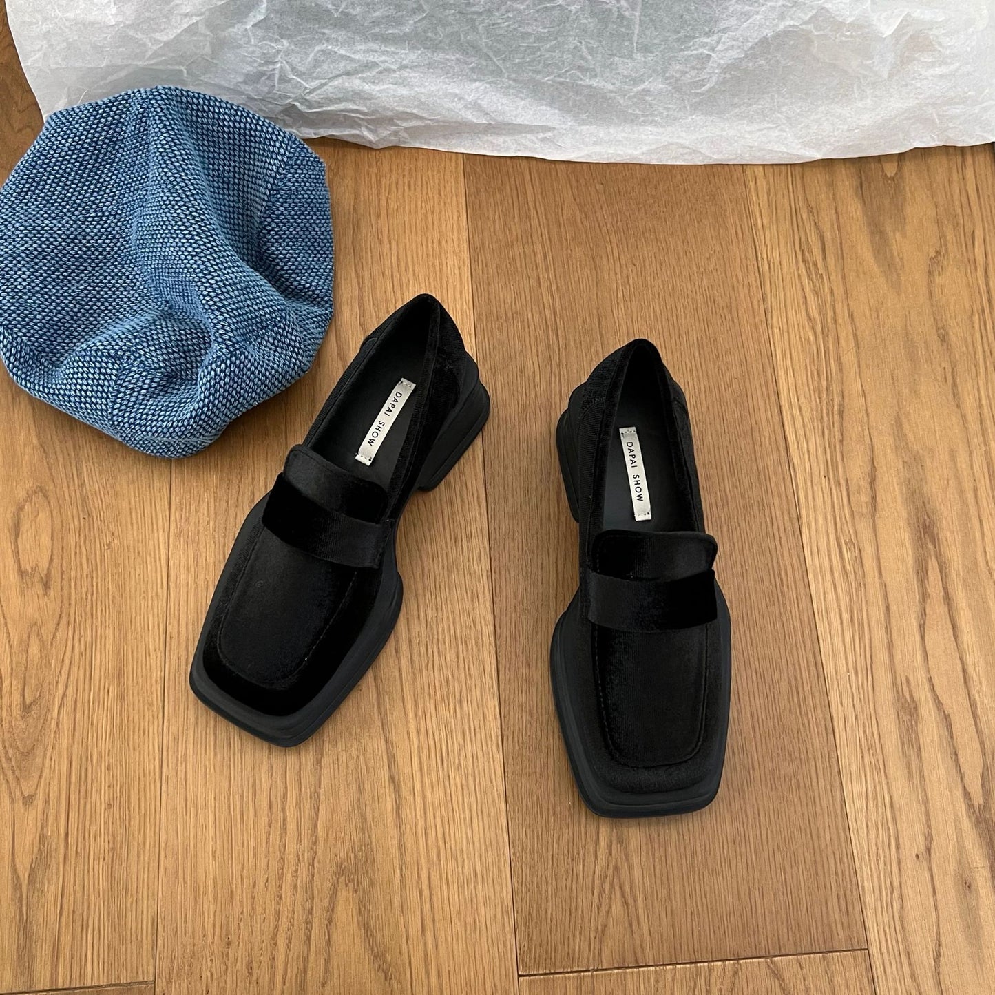 British Style Vintage Guld Fløjl Chunky Hæl Plateau Loafers til Kvinder