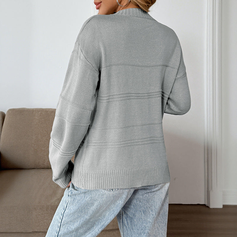 Loose Striped Deep V-neck Solid Color Sweater For Women