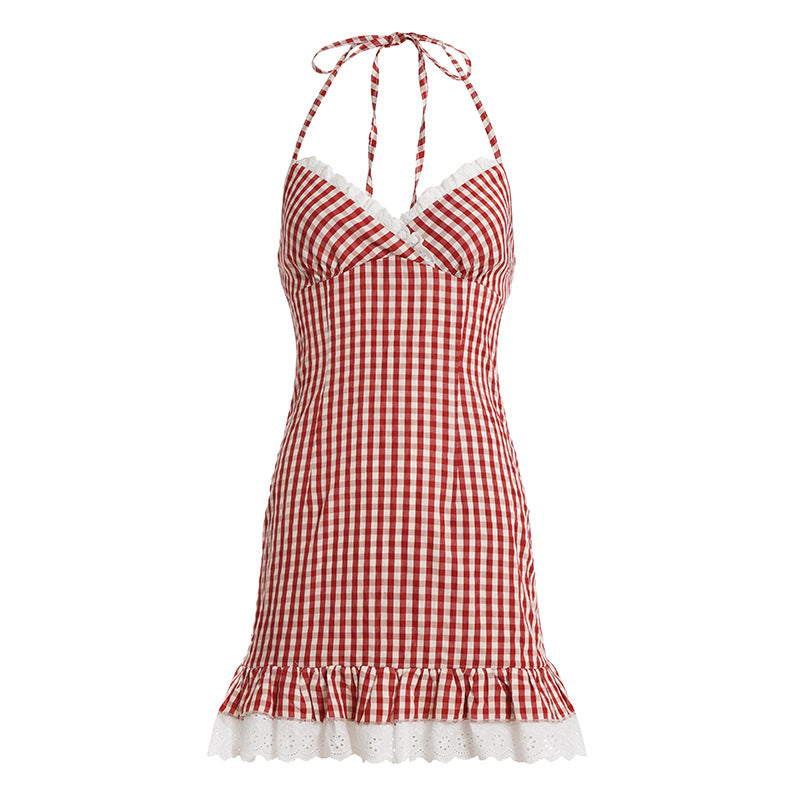 French-style Girly Lace-trimmed Patchwork Plaid Suspender Dress
