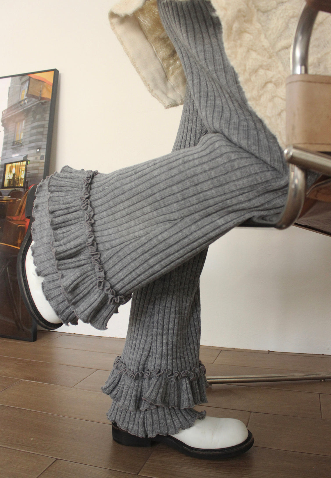 Simple Sunken Stripe Knitted Pleated Layers Of Lace Slim Fit Slimming Bootcut Pants