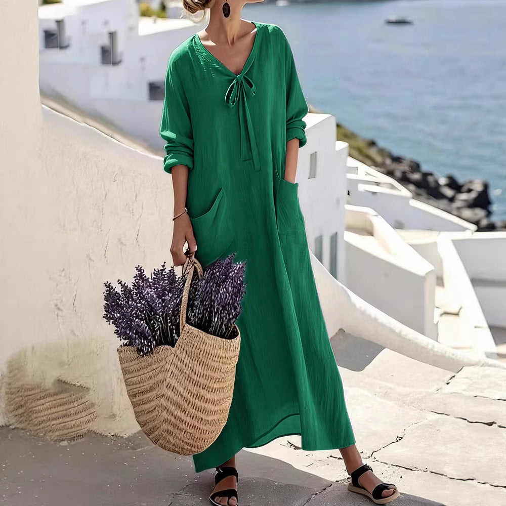 Womens Casual V-Neck Long-Sleeve Loose Cotton-Linen Solid-Color Dress