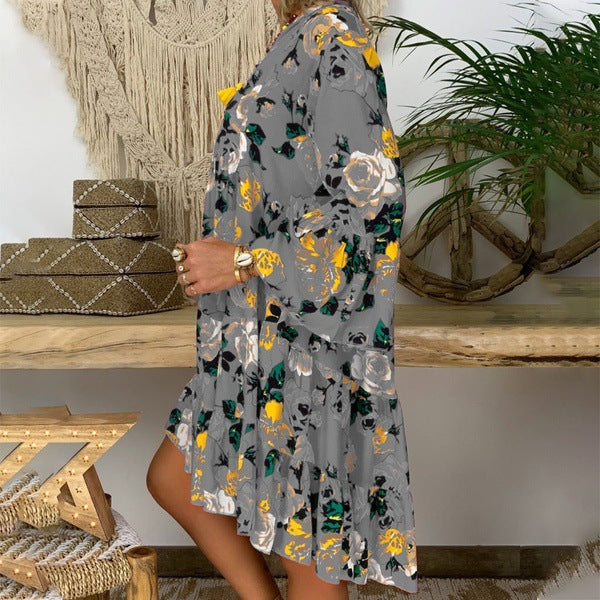 Printed Pointed Collar Button Ruffled Loose Dress