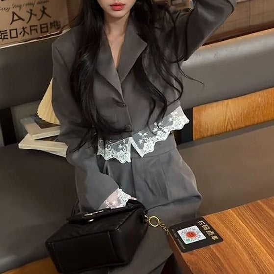 New Stylish Lace-embellished Blazer And Pants Two-piece Set