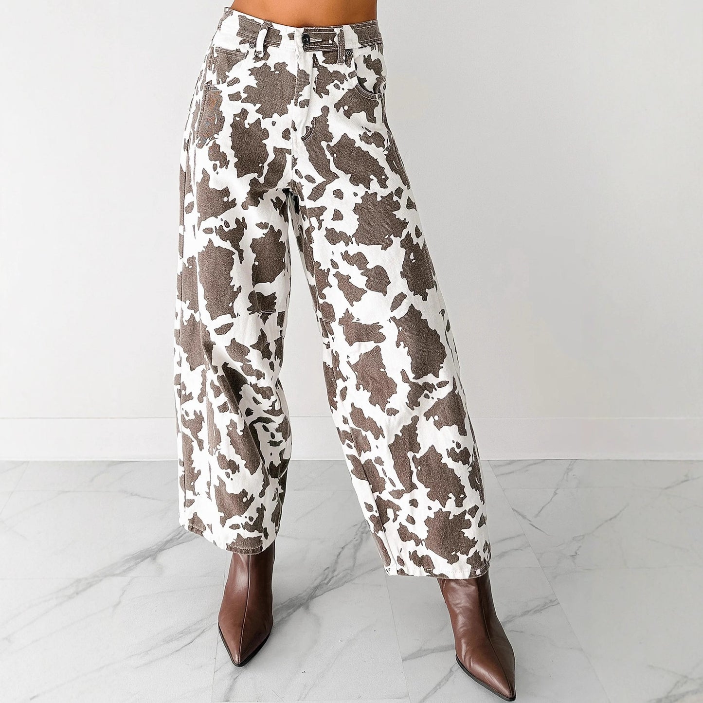 Washed Cow-patterned Wide-leg Jeans