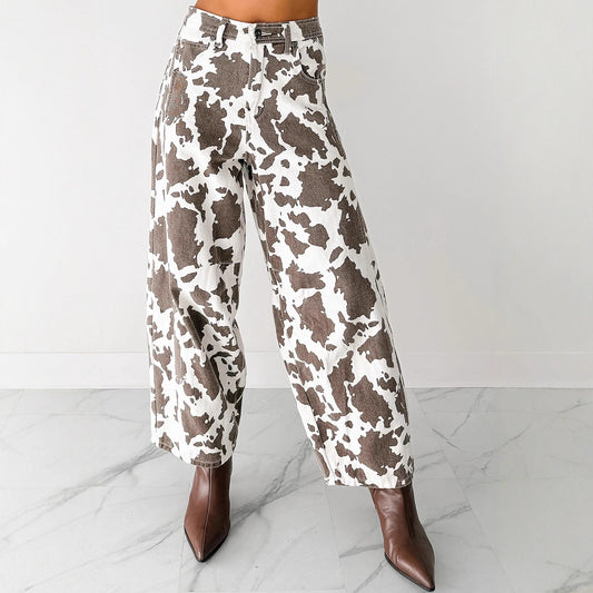 Washed Cow-patterned Wide-leg Jeans