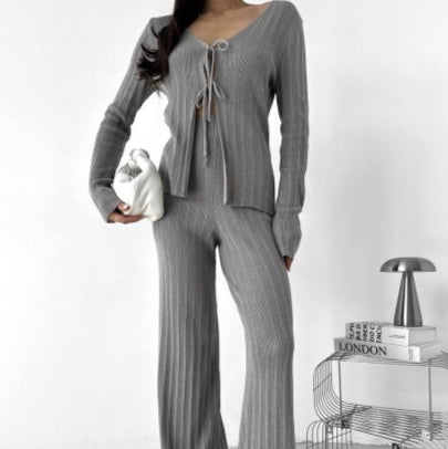 Womens Set Long-sleeve Tie-front Cardigan With Casual Trousers