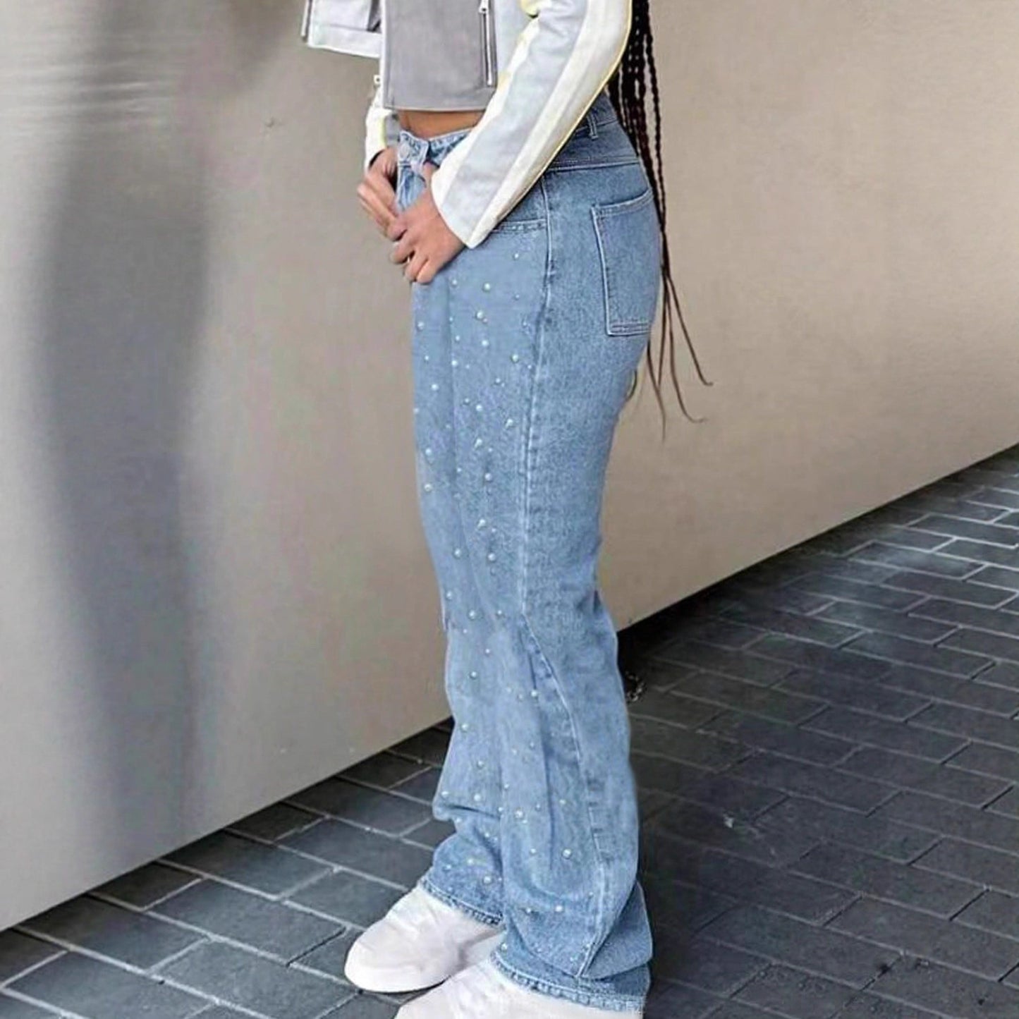 Elegante rhinstensjeans med brede ben til damer