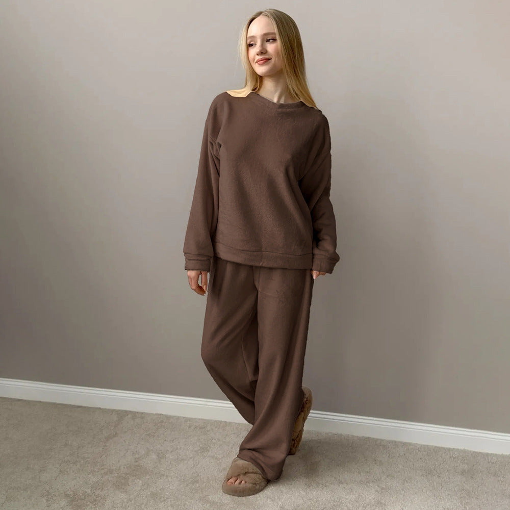 Womens Crew-neck Long-sleeve Top And Pants Pajama Set