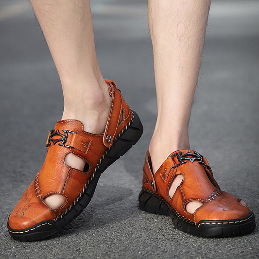 Genuine Leather Youth Casual Sandals Mens Trendy All-Match Slippers