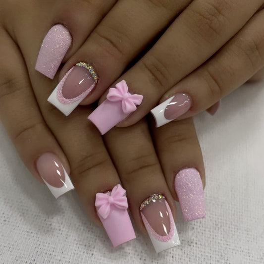 Women's Fashion French Pink Bow Manicure