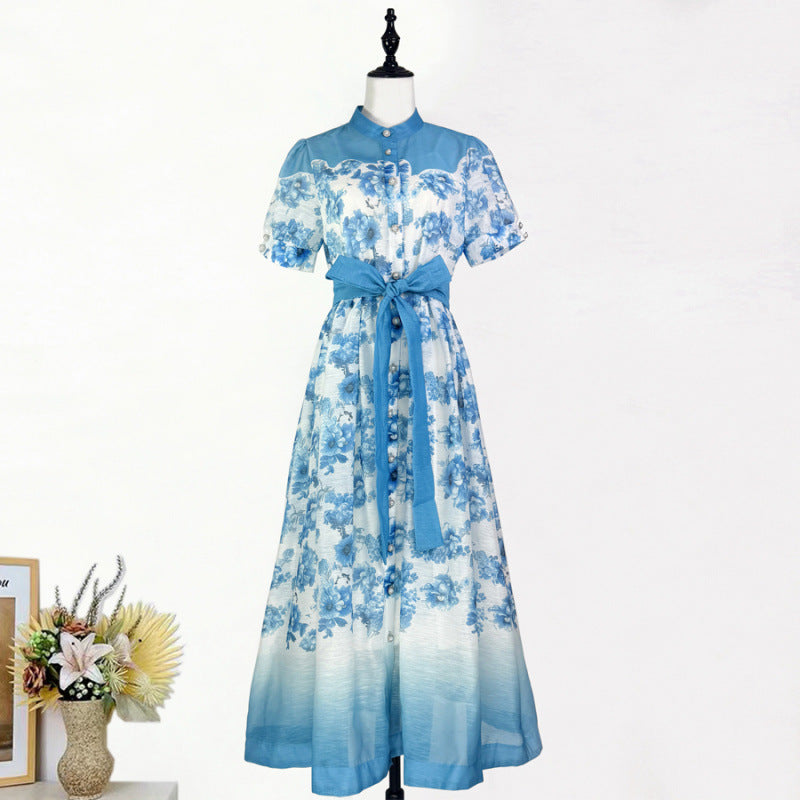 Single Breasted Bubble Sleeve Printed Lace Up Dress