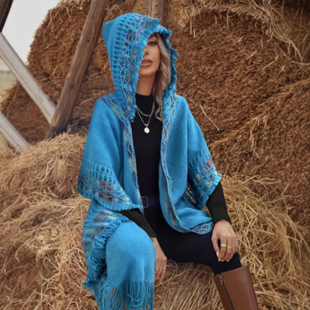 New Knitted Hollow Out Outer Match Ethnic Style Hooded Shawl For Women
