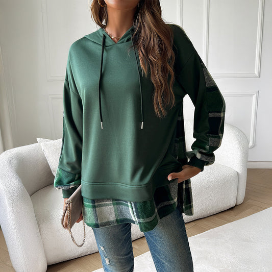 Vintage Oversized Hoodie til kvinder med ternet patchwork, stilfuldt Y2k-tøj, streetwear, hættetrøje med rund hals og lange ærmer