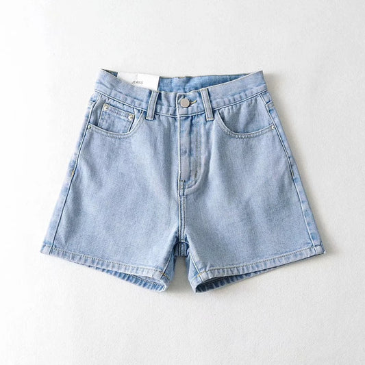 High Waist Leg Length Basic A-Line Stretch Crimped Denim Shorts