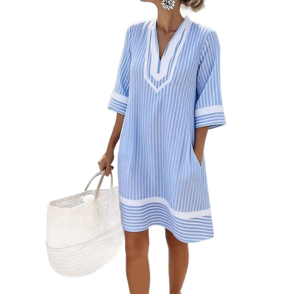 V-hals boheme-print løstsiddende strandkjole