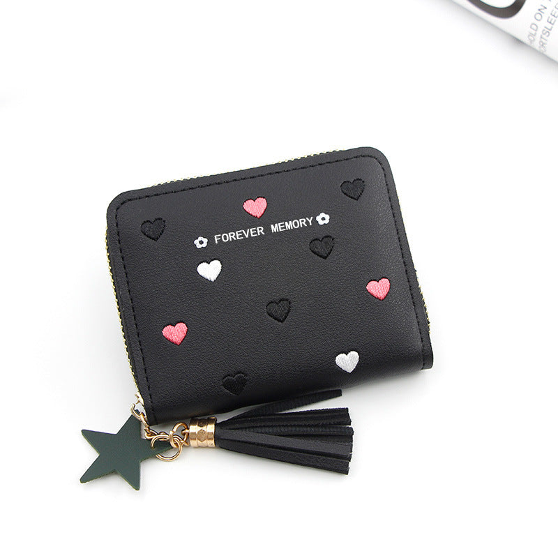 Embroidered Love Korean Women's Wallet Short Clutch Little Girl Coin Purse Women's Zipper Bag Card Holder Card Case