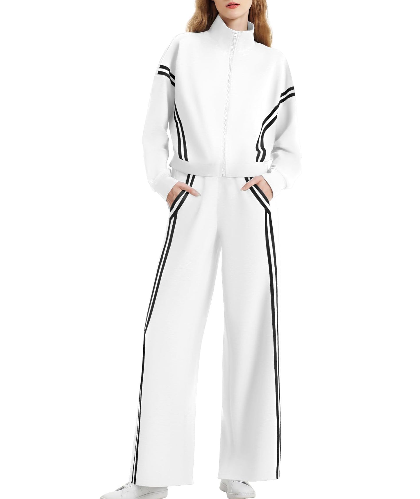 Double Striped Long-sleeve Zipper Pants Pocket Sports Suit