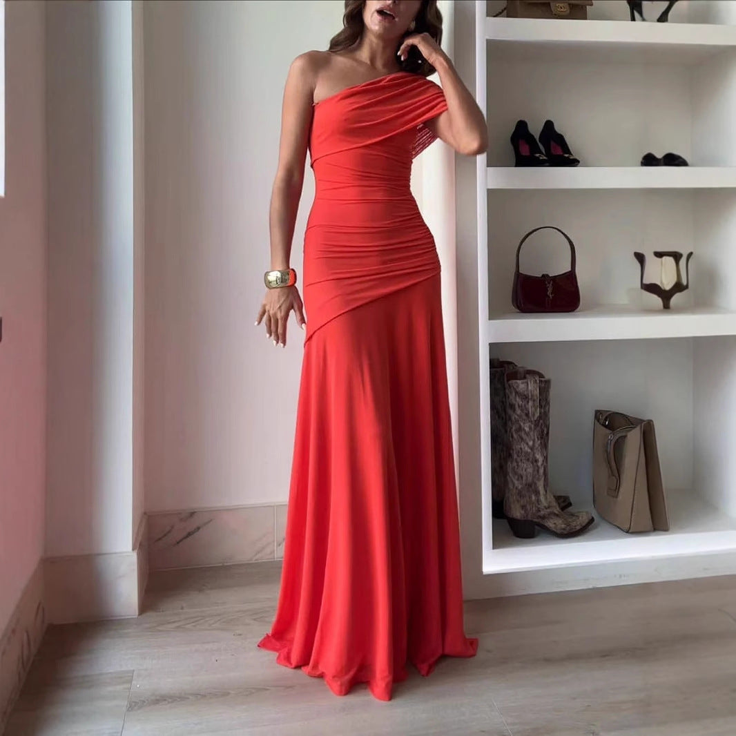 Womens Solid-Color Off-the-Shoulder Halter Backless Dress