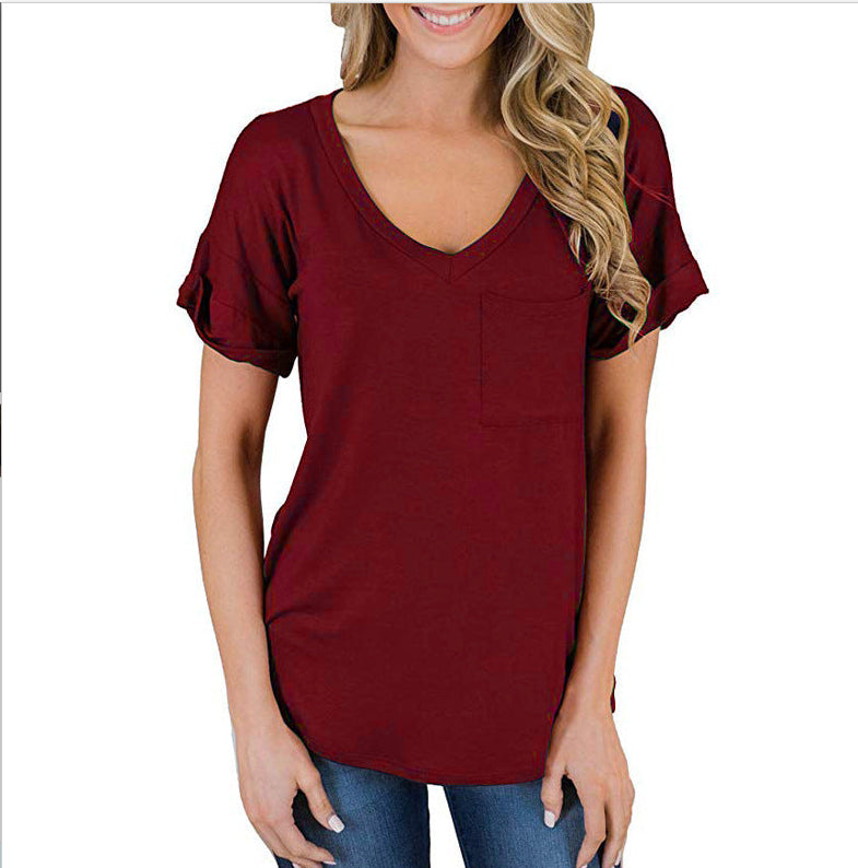 Spring Summer V Neck Pocket T Shirt
