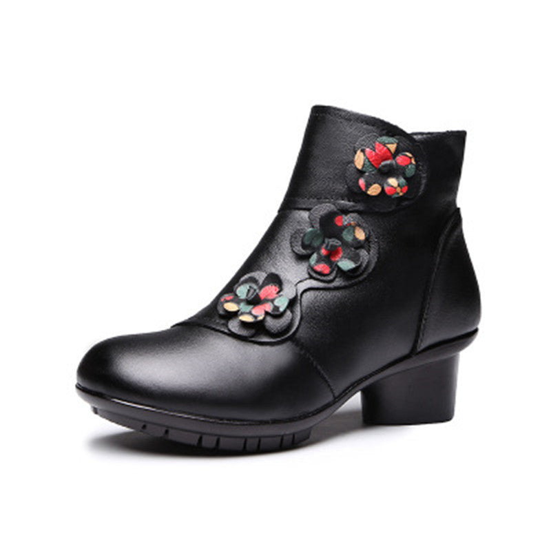 Ethnic Style Leather Mid Heel Short Boots