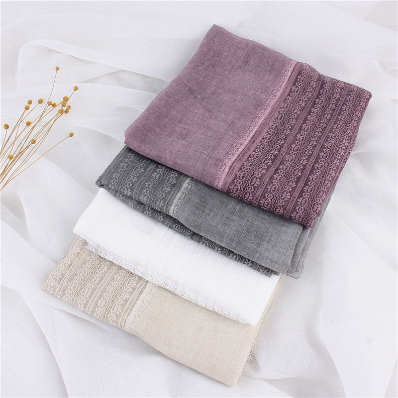 Lace Stitching Cotton And Linen Long Solid Color Scarf Shawl