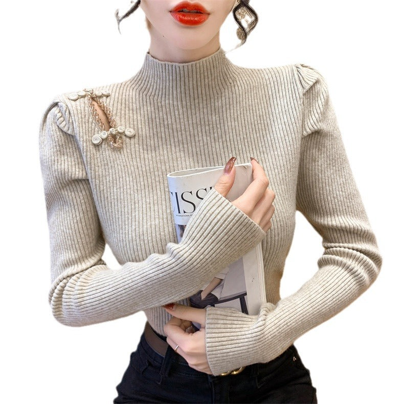 Women's Autumn And Winter National Style Puff Sleeve Half Turtleneck Slim-fit Underwear Sweater