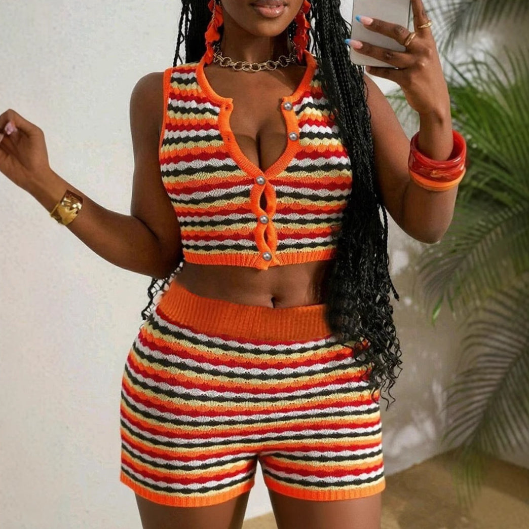 Sexy Women's Knitted Short Sleeve Shorts Set