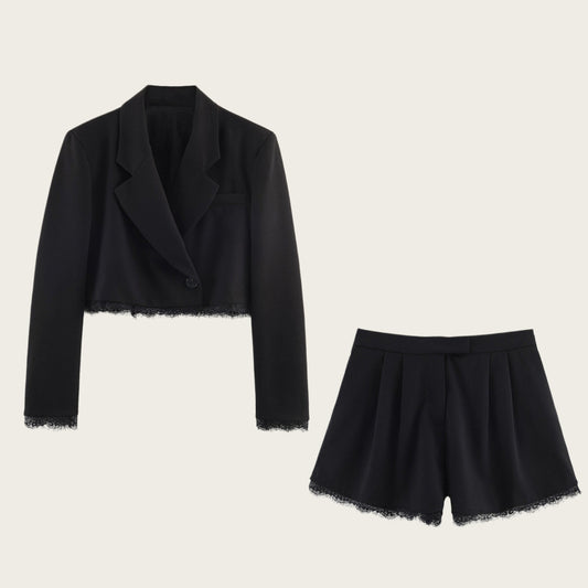 Women's Fashionable Casual Lace-trimmed Blazer And Shorts